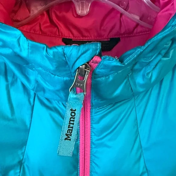 Marmot Girls Puffer Hooded Jacket With Pockets Teal/Hot Pink Size XL - Picture 3 of 13